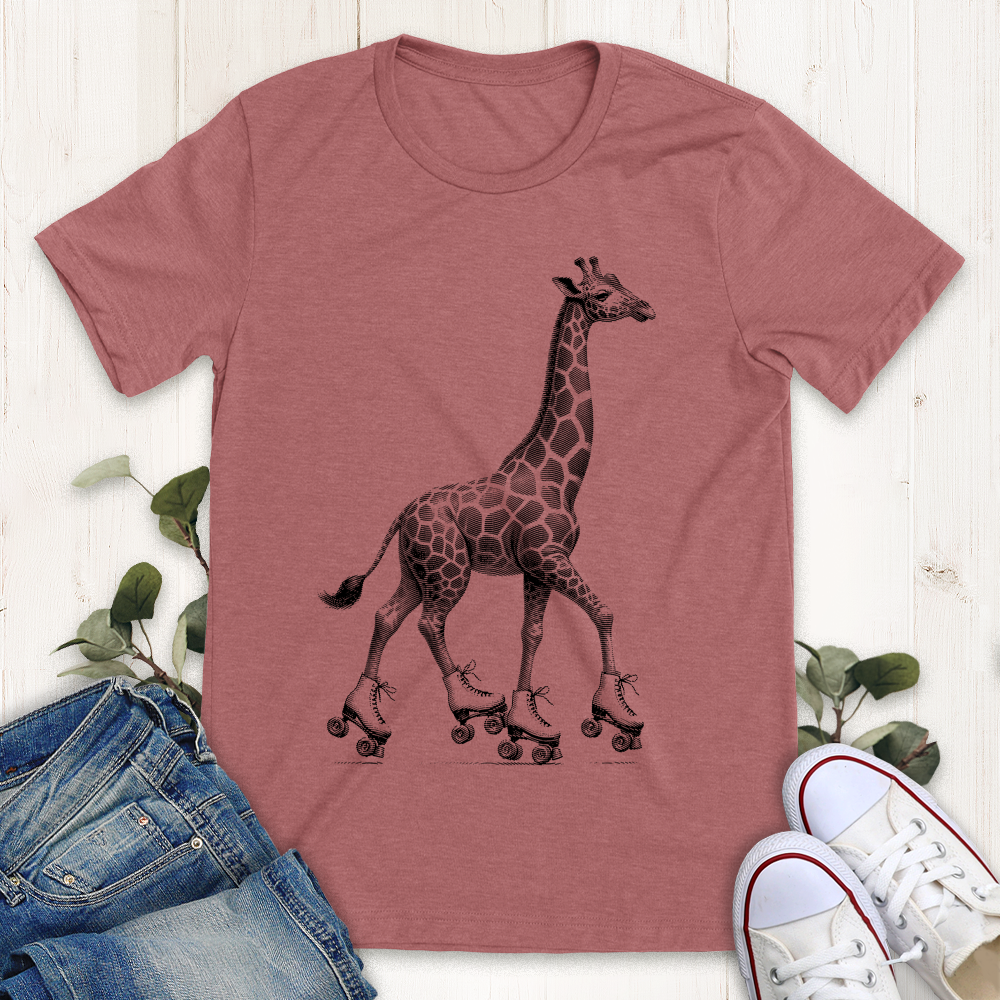 Heather mauve roller skating giraffe graphic t-shirt by Thistle and Brass