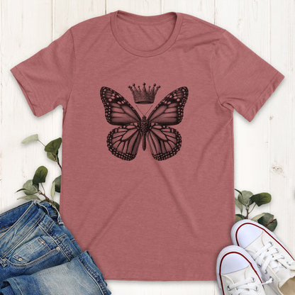 Heather mauve monarch butterfly with a royal crown graphic t-shirt by Thistle and Brass