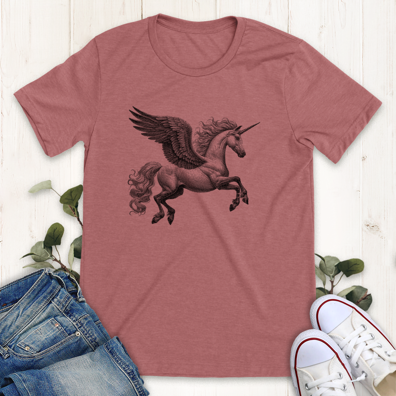 Heather mauve color winged unicorn in flight  graphic t-shirt by Thistle and Brass