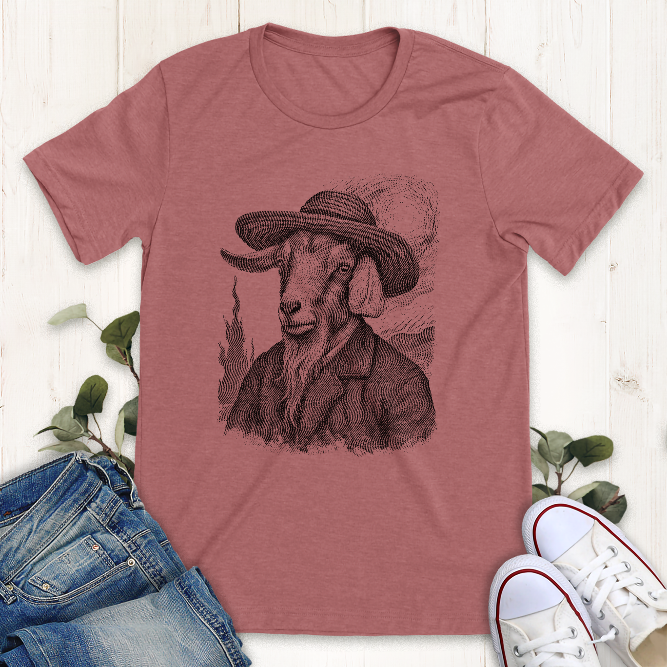 Heather mauve Van Goat graphic t-shirt by Thistle and Brass