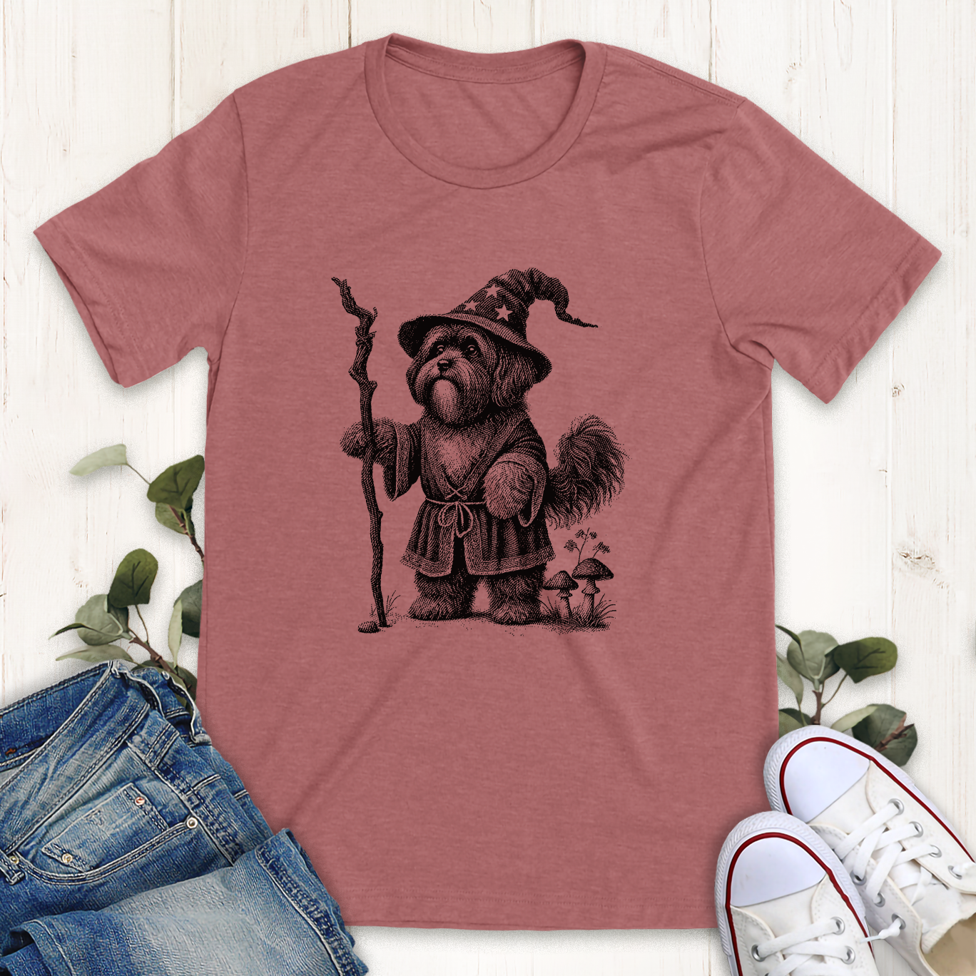 Heather mauve wizard ShihTzu dog graphic t-shirt by Thistle and Brass