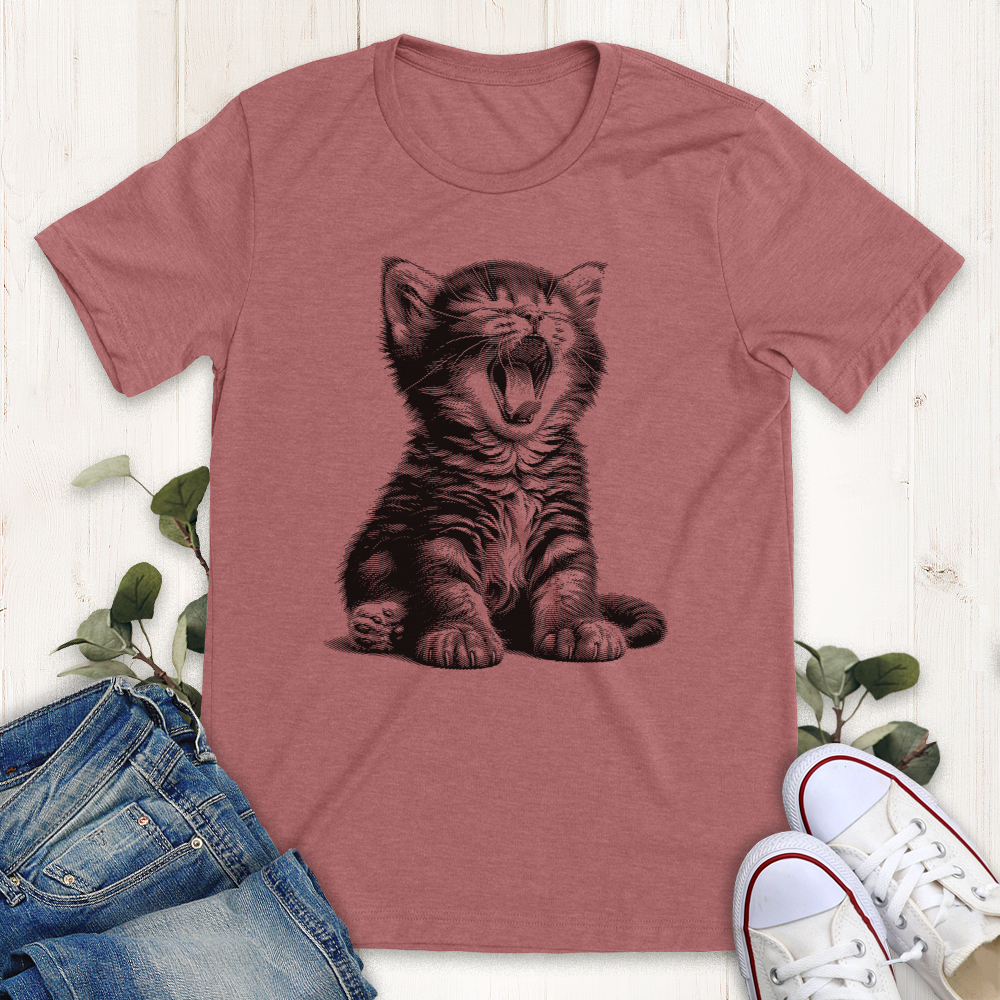 Heather mauve Yawning Kitty graphic t-shirt from Thistle and Brass