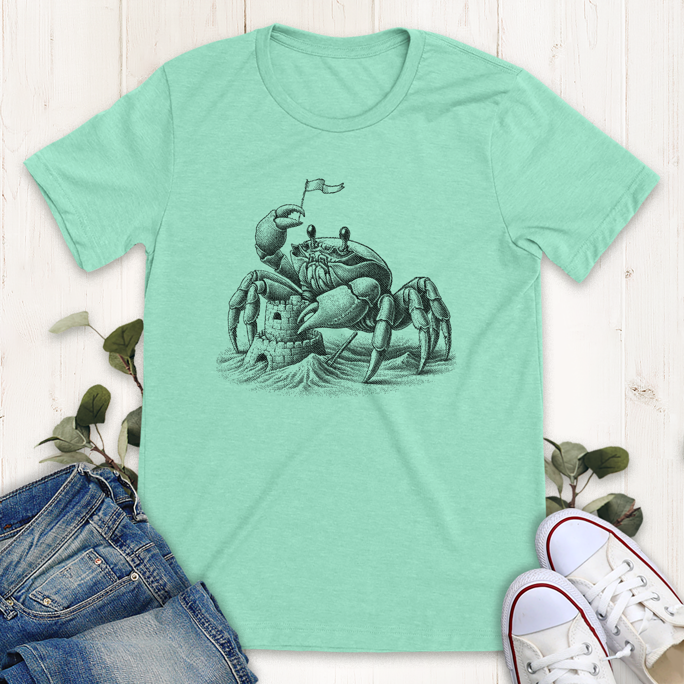 Heather mint crab sand castle graphic t-shirt by Thistle and Brass