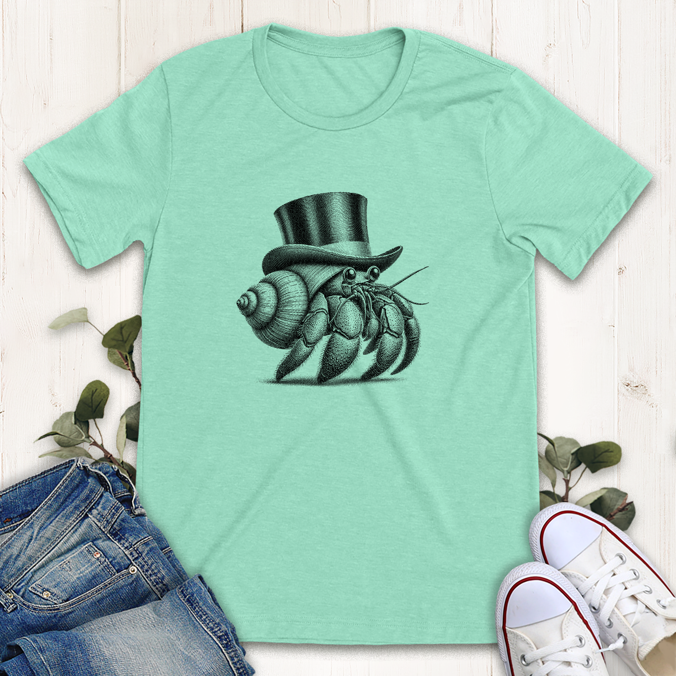 Heather mint dapper hermit crab graphic t-shirt by Thistle and Brass