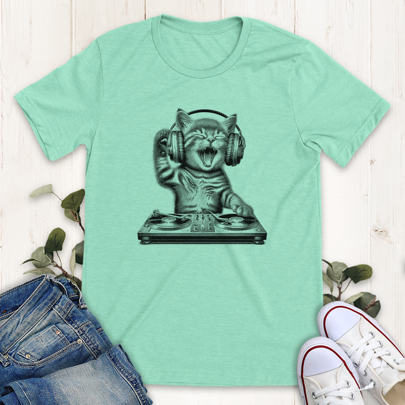 Heather mint DJ cat graphic t-shirt by Thistle and Brass