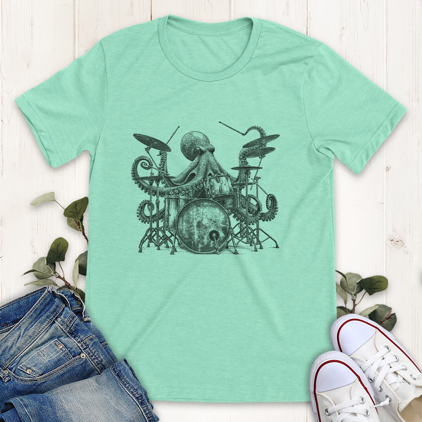 Heather mint octopus playing drums graphic t-shirt by Thistle and Brass