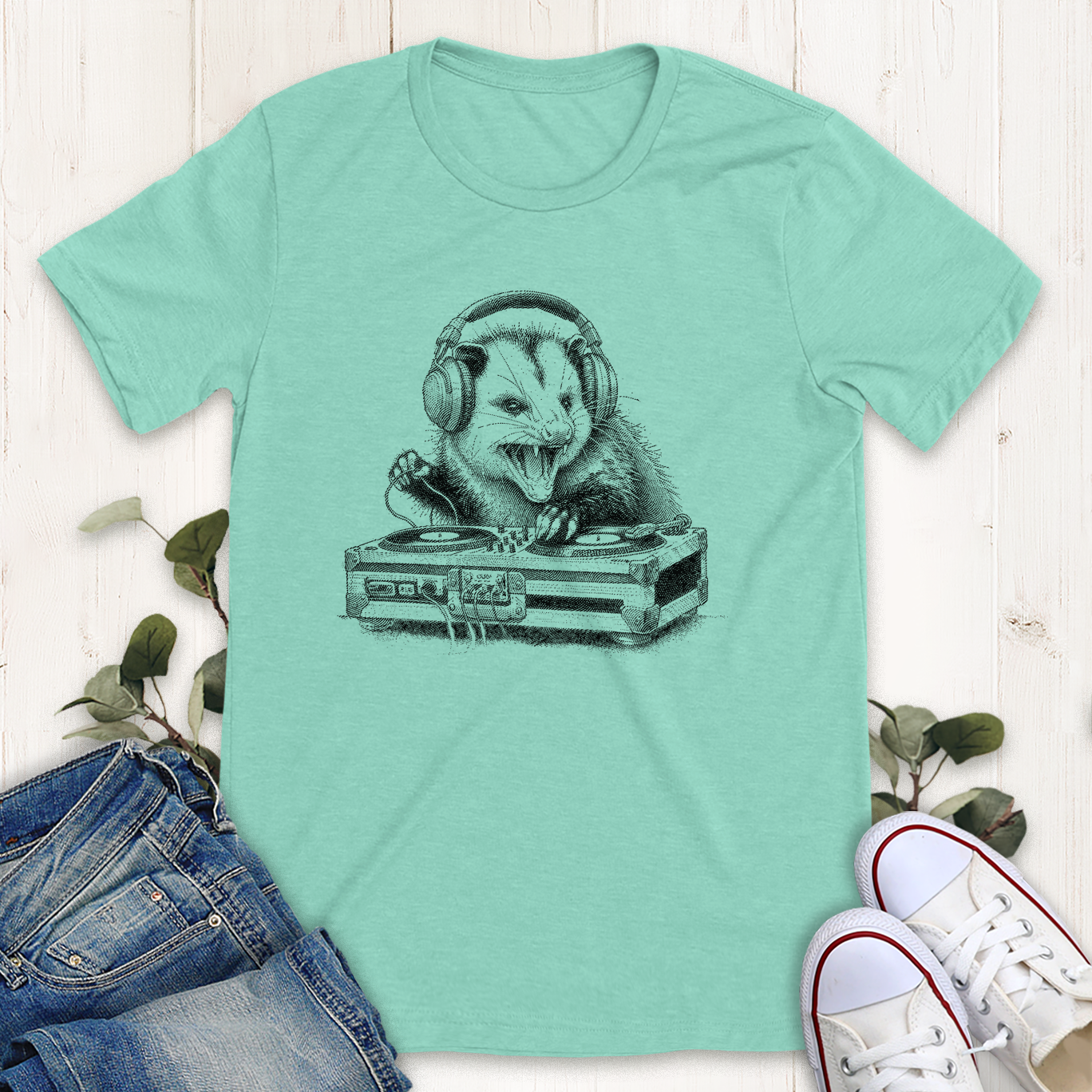 Heather mint opossum DJ graphic t-shirt by Thistle and Brass