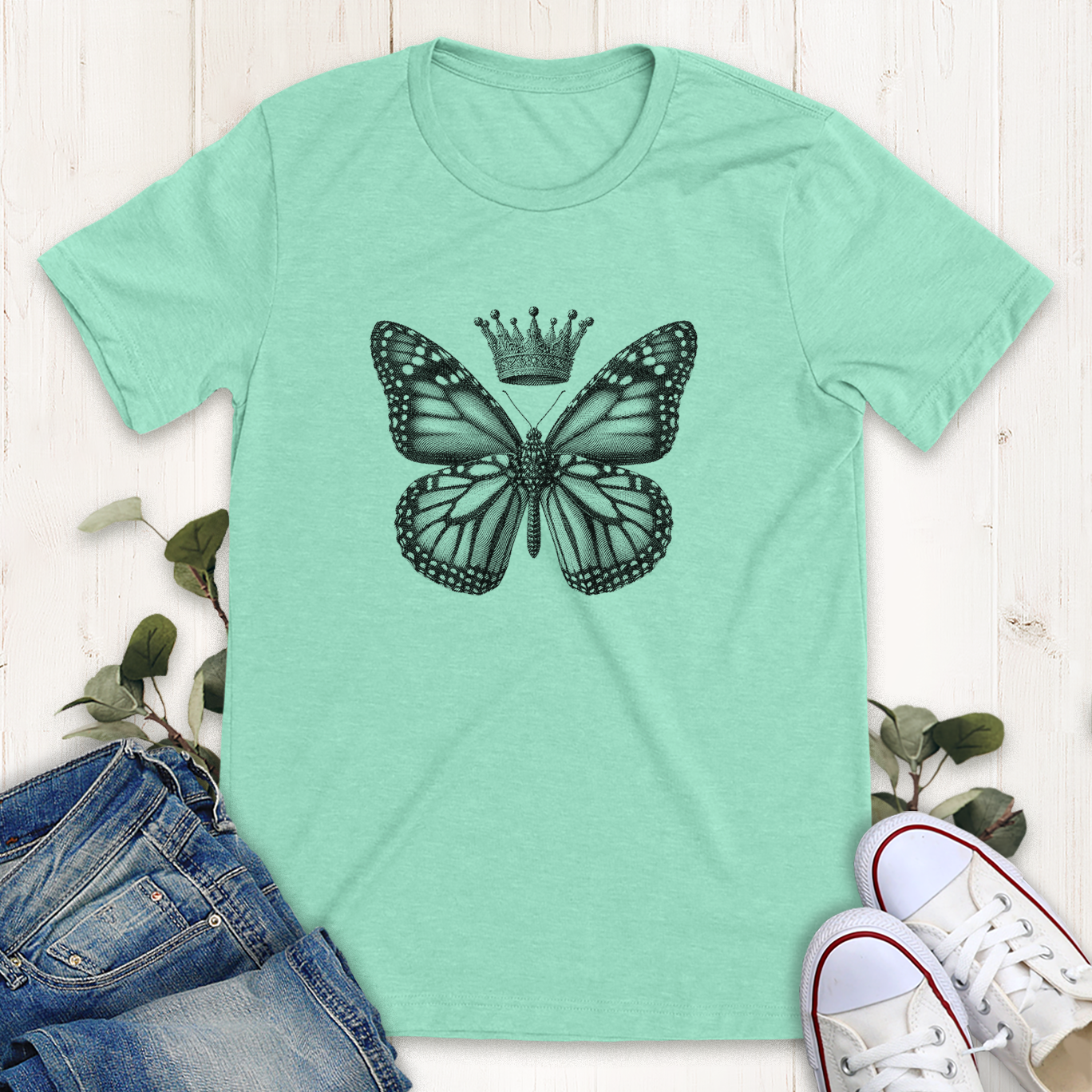 Heather mint monarch butterfly with a royal crown graphic t-shirt by Thistle and Brass