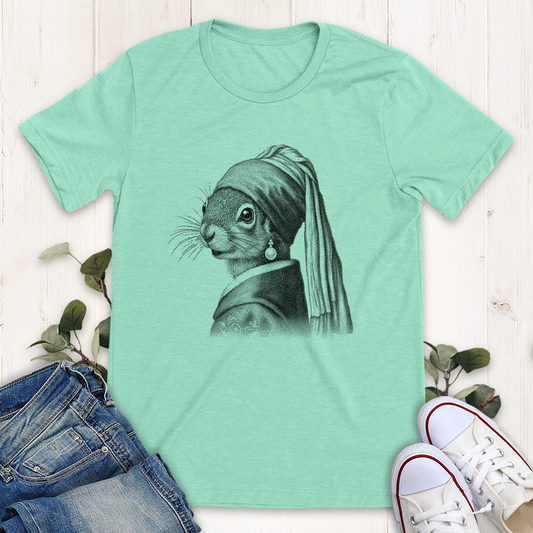 Heather mint Squirrel pearl earring graphic t-shirt by Thistle and Brass