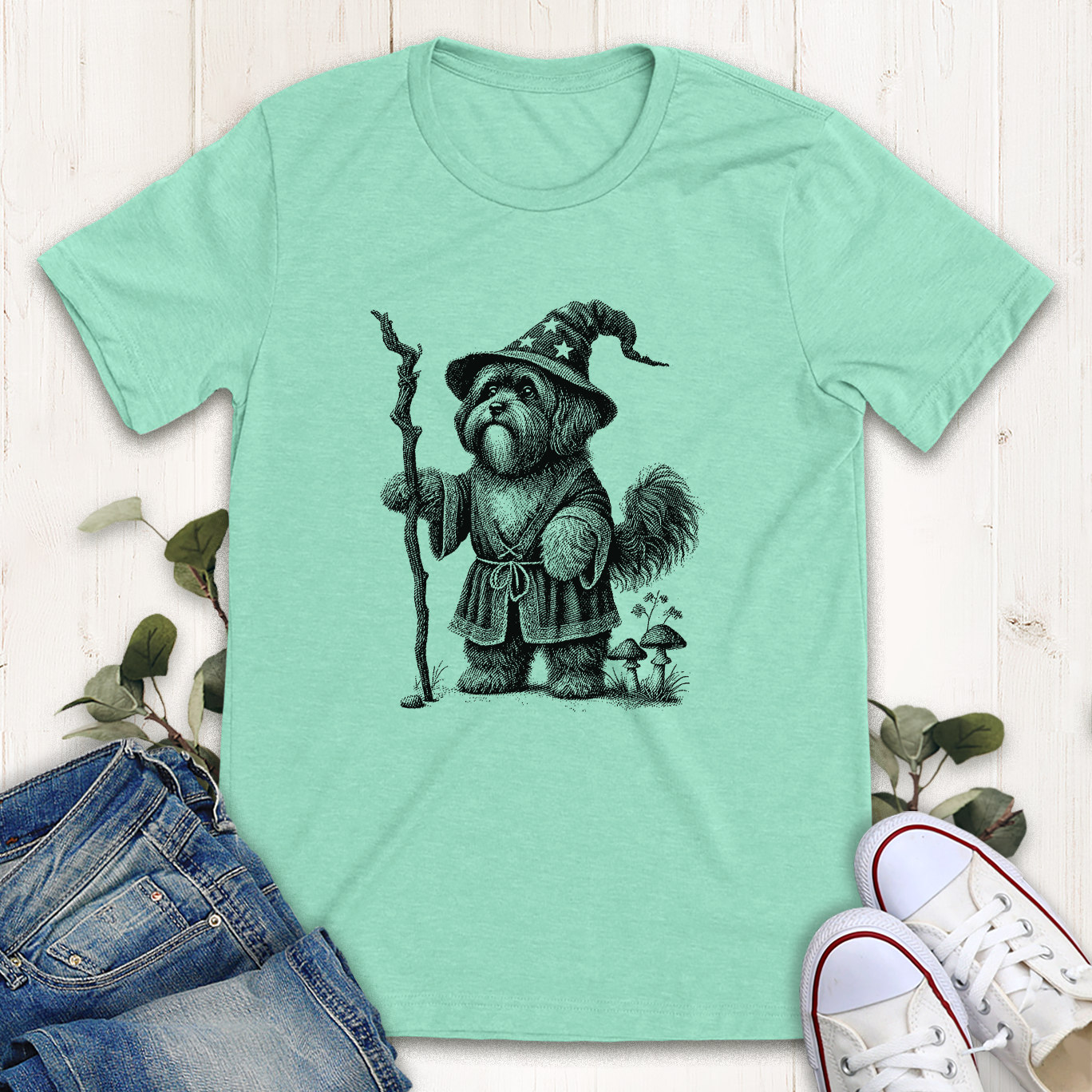 Heather mint wizard ShihTzu dog graphic t-shirt by Thistle and Brass