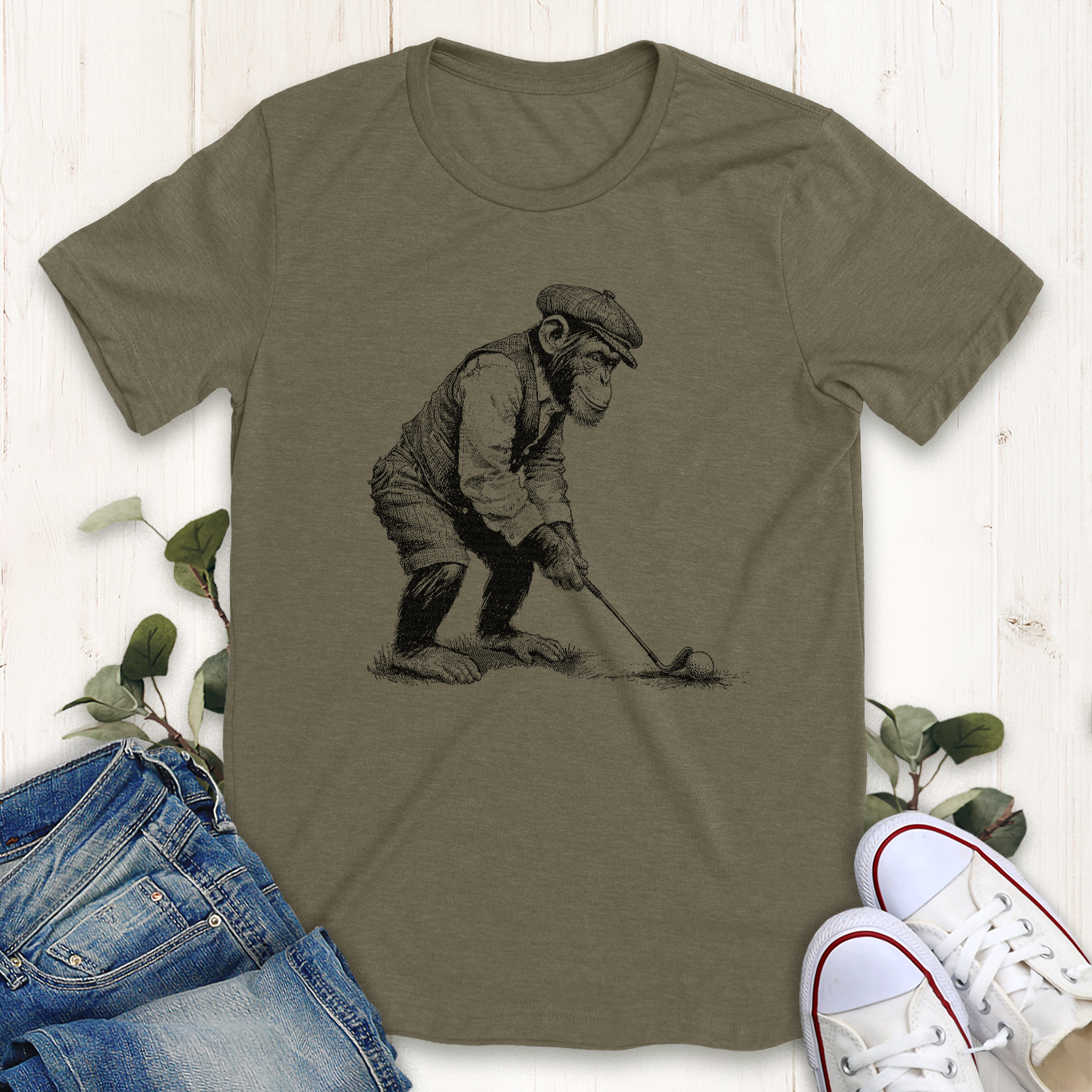 Heather olive Golfing Chimp graphic t-shirt by Thistle and Brass