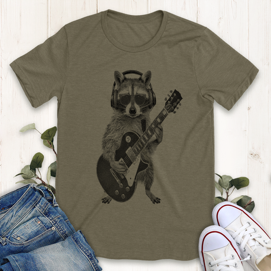 Heather olive rockin raccoon graphic t-shirt by Thistle and Brass