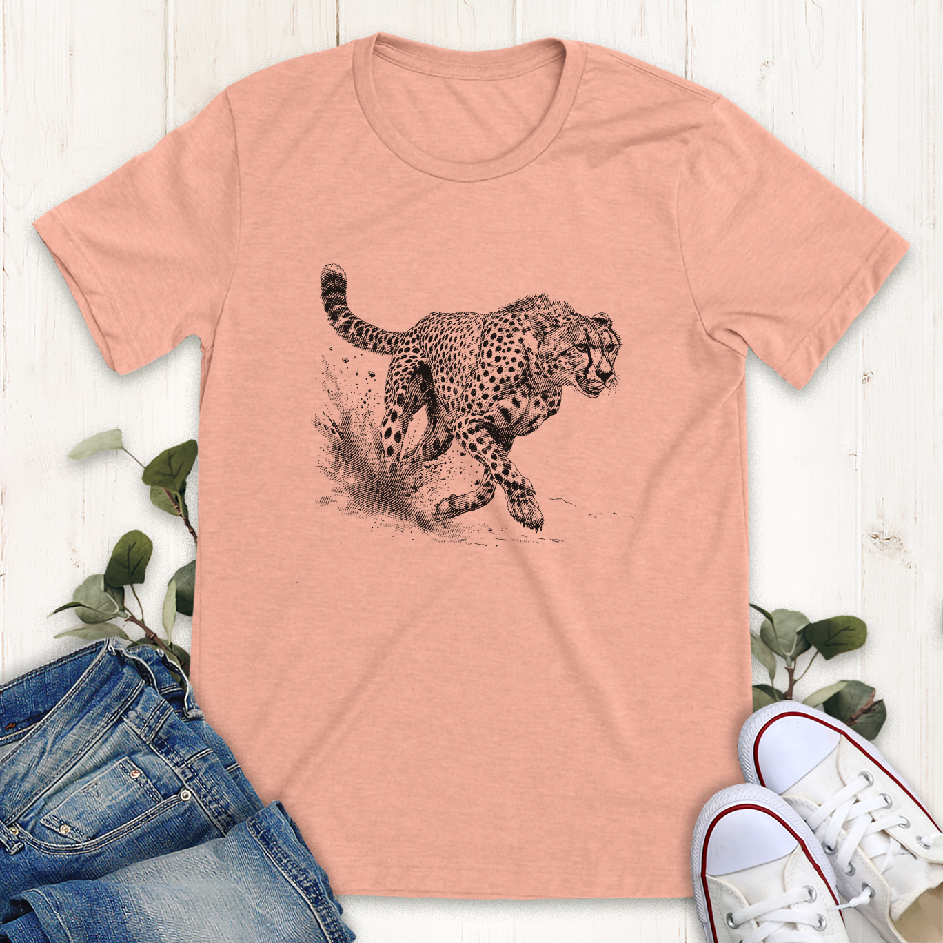 Heather peach cheetah running hunting printed graphic t-shirt by Thistle and Brass