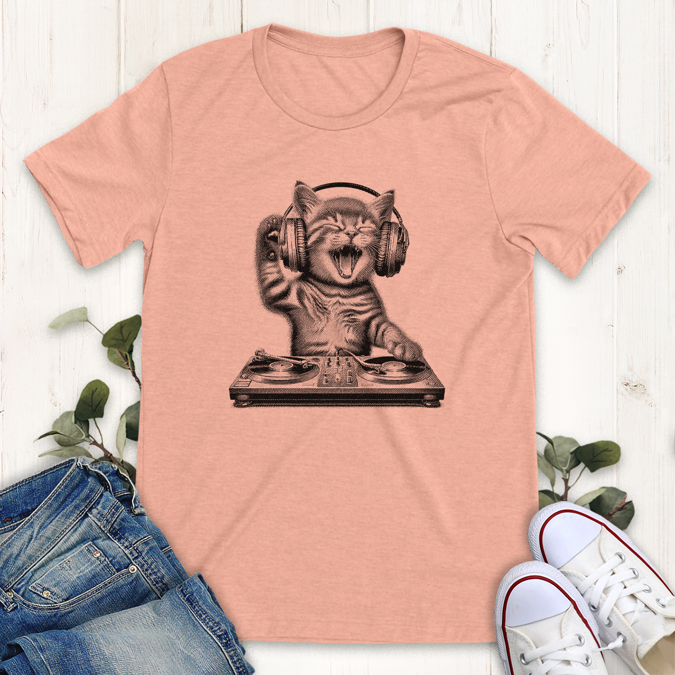 Heather peach DJ cat graphic t-shirt by Thistle and Brass