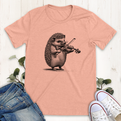 Heather peach Hedgehog Violin graphic t-shirt by Thistle and Brass