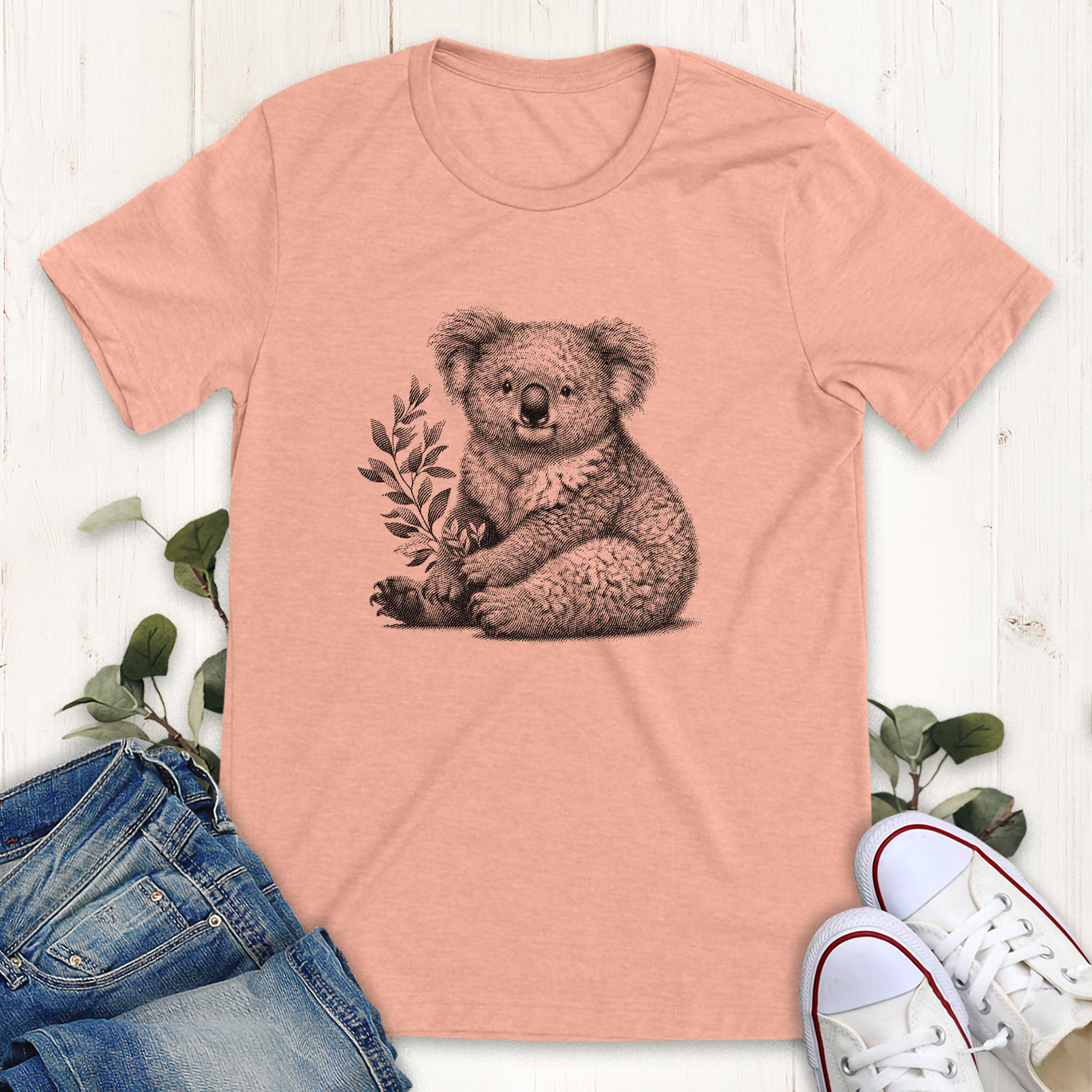 Heather peach Koala with a branch graphic t-shirt by Thistle & Brass