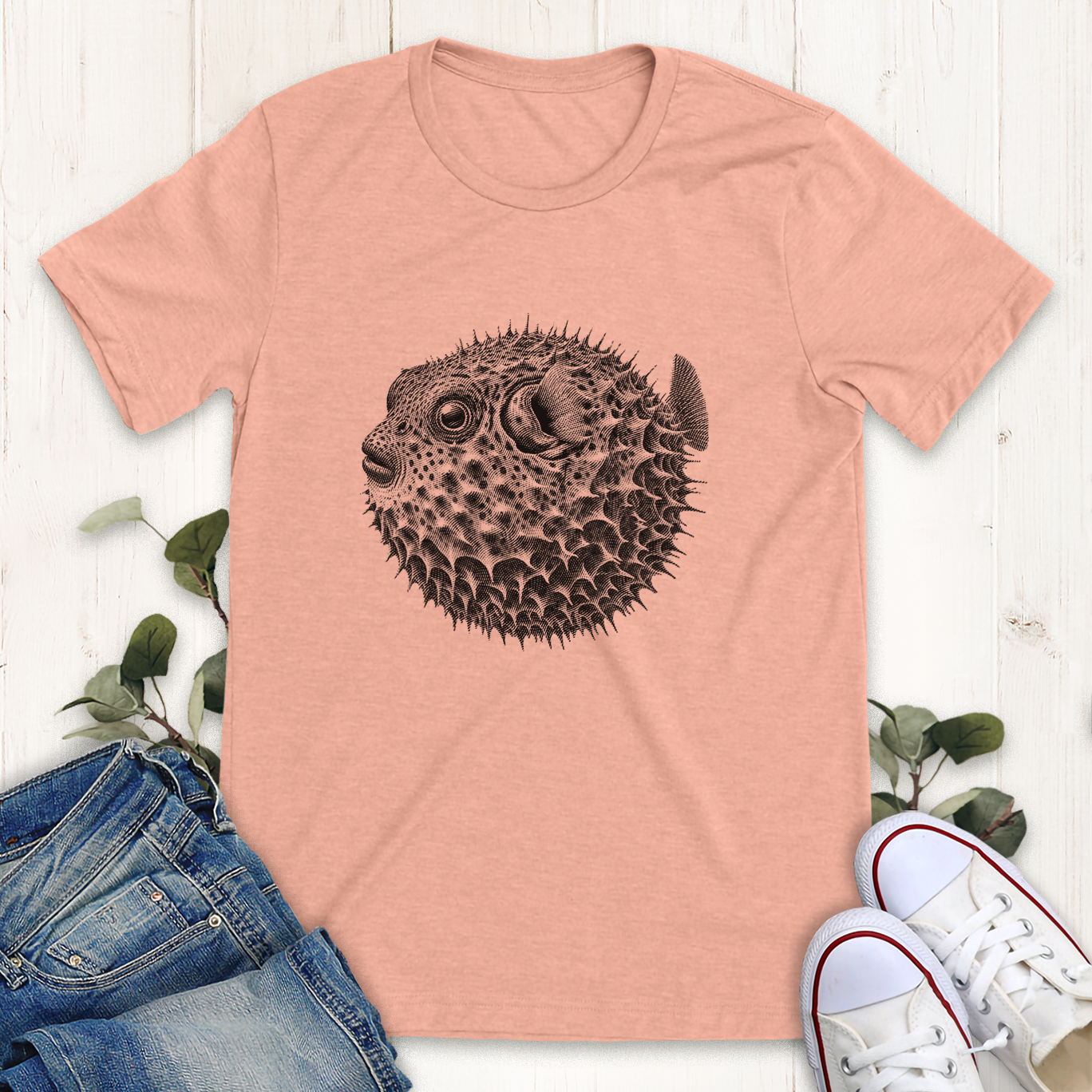 Heather peach Puffer fish graphic t-shirt by Thistle and Brass