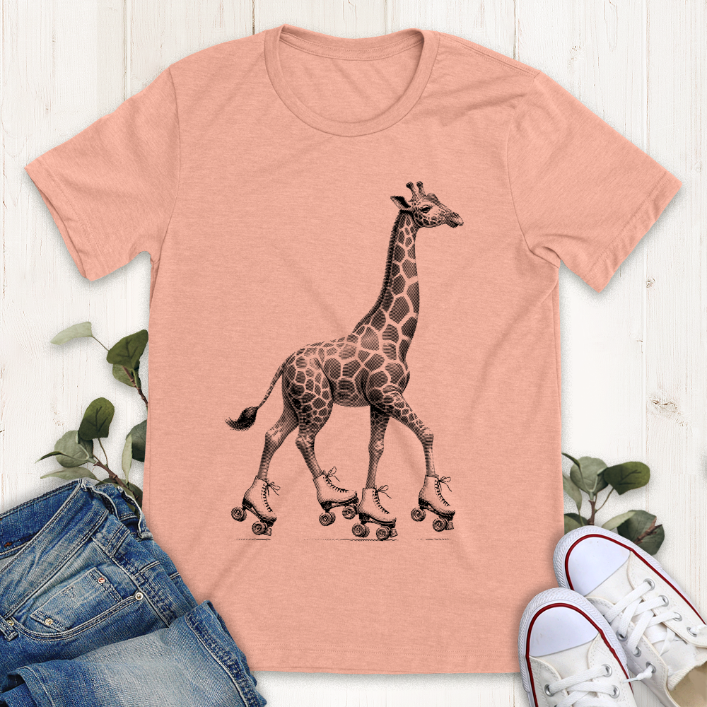 Heather peach roller skating giraffe graphic t-shirt by Thistle and Brass