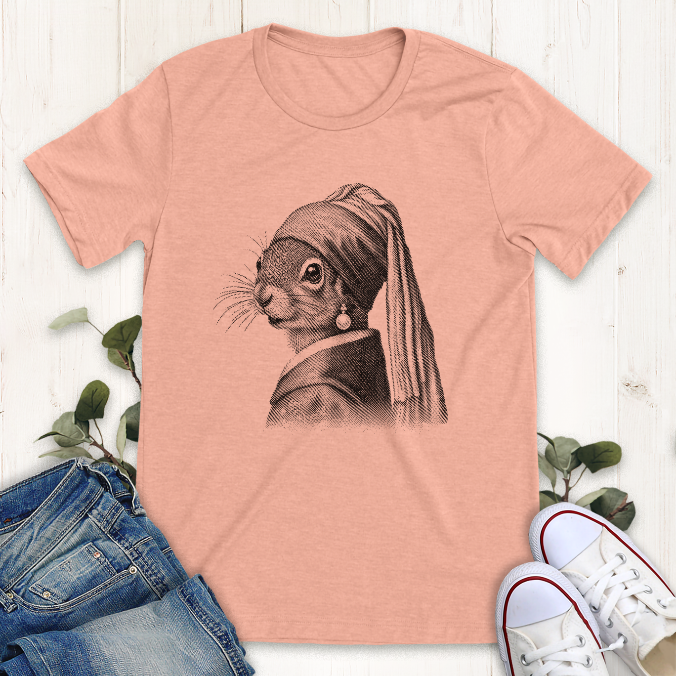 Heather peach Squirrel pearl earring graphic t-shirt by Thistle and Brass