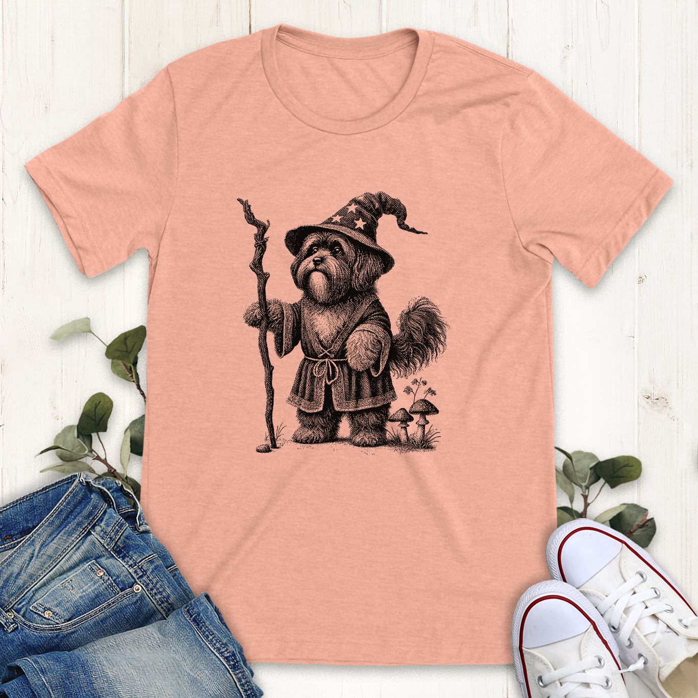 Heather peach wizard ShihTzu dog graphic t-shirt by Thistle and Brass