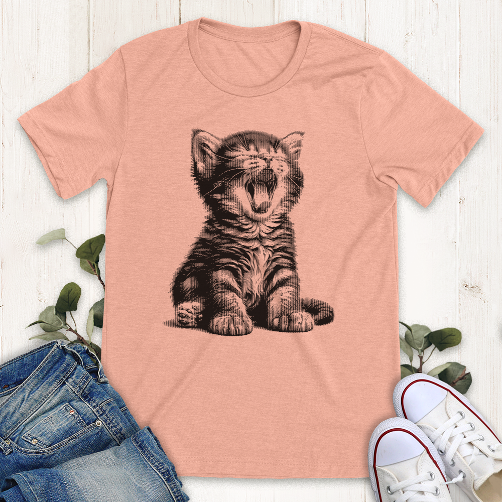 Heather peach Yawning Kitty graphic t-shirt from Thistle and Brass