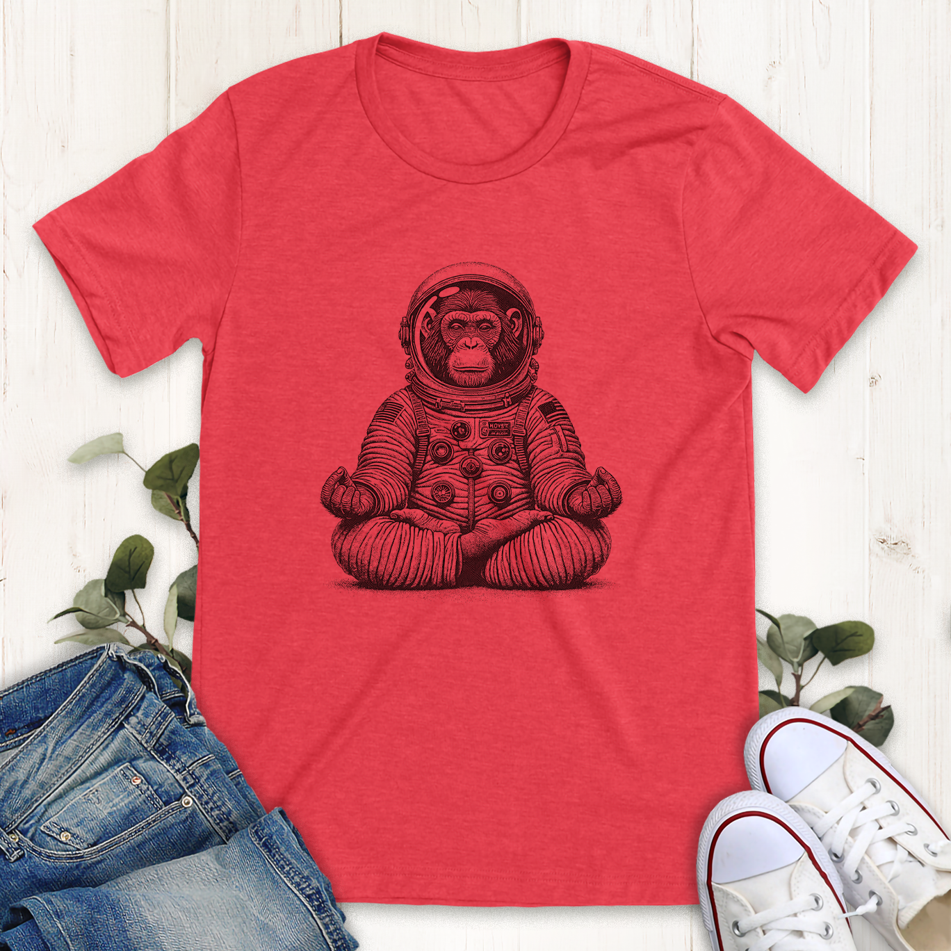 Heather red Astronaut Chimp doing yoga graphic t-shirt by Thistle and Brass