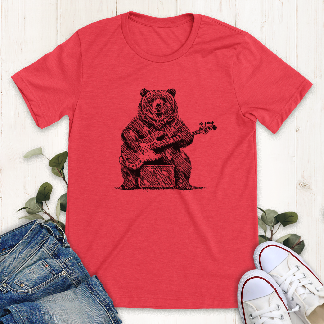 Heather red bass guitar playing grizzly bear printed graphic t-shirt by Thistle and Brass