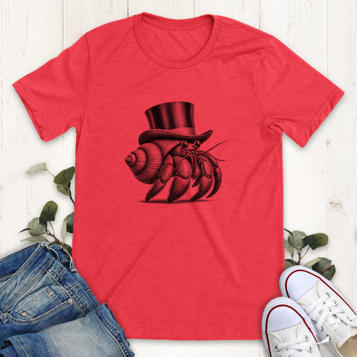 Heather red dapper hermit crab graphic t-shirt by Thistle and Brass