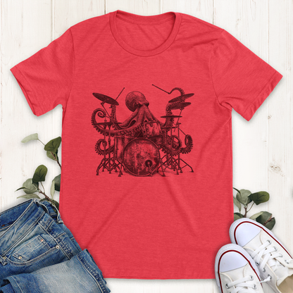 Heather red octopus playing drums graphic t-shirt by Thistle and Brass