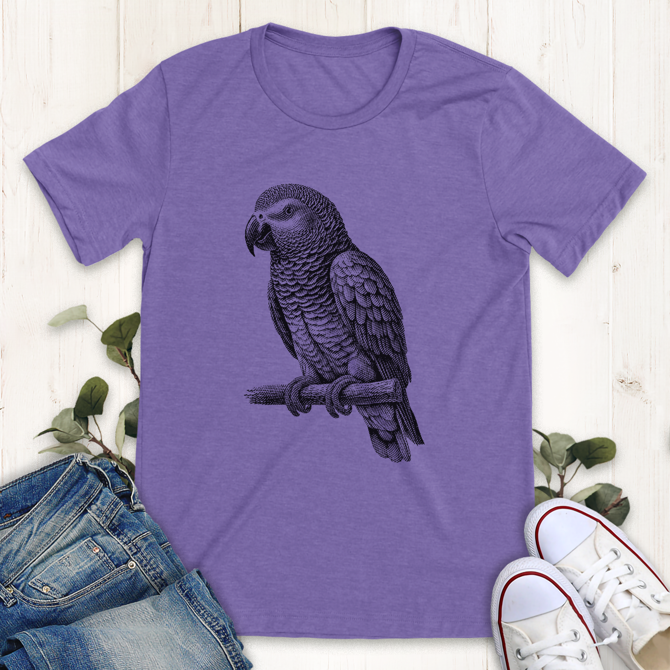 Heather purple African grey parrot graphic t-shirt by Thistle and Brass