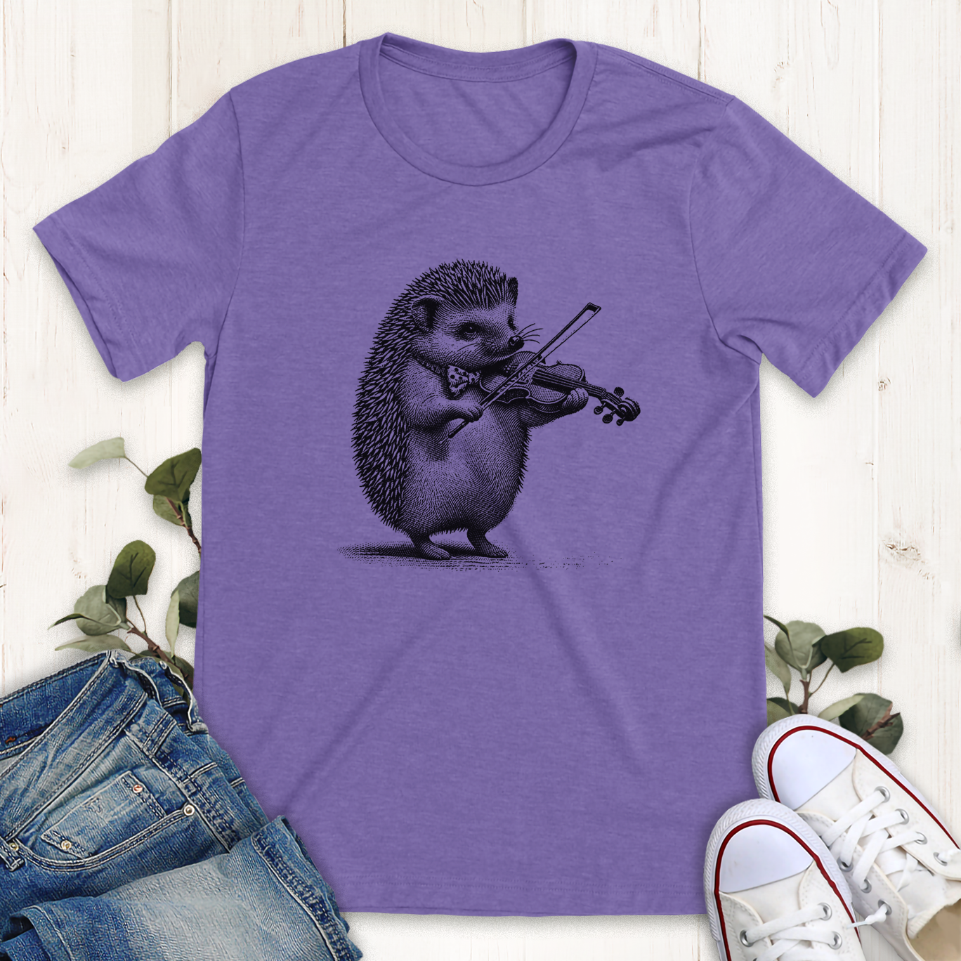 Heather team purple Hedgehog Violin graphic t-shirt by Thistle and Brass