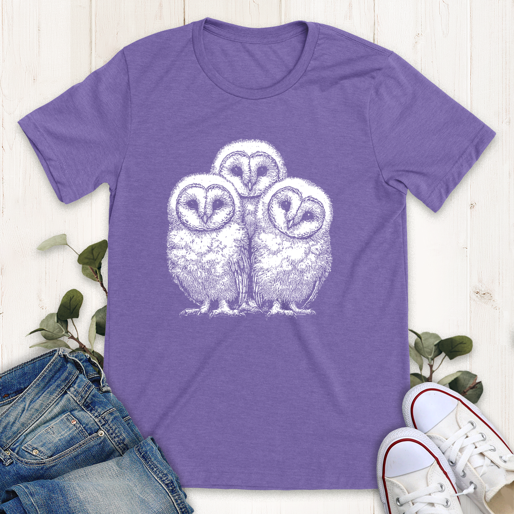 Heather team purple Owlet Trio graphic tee by Thistle and Brass