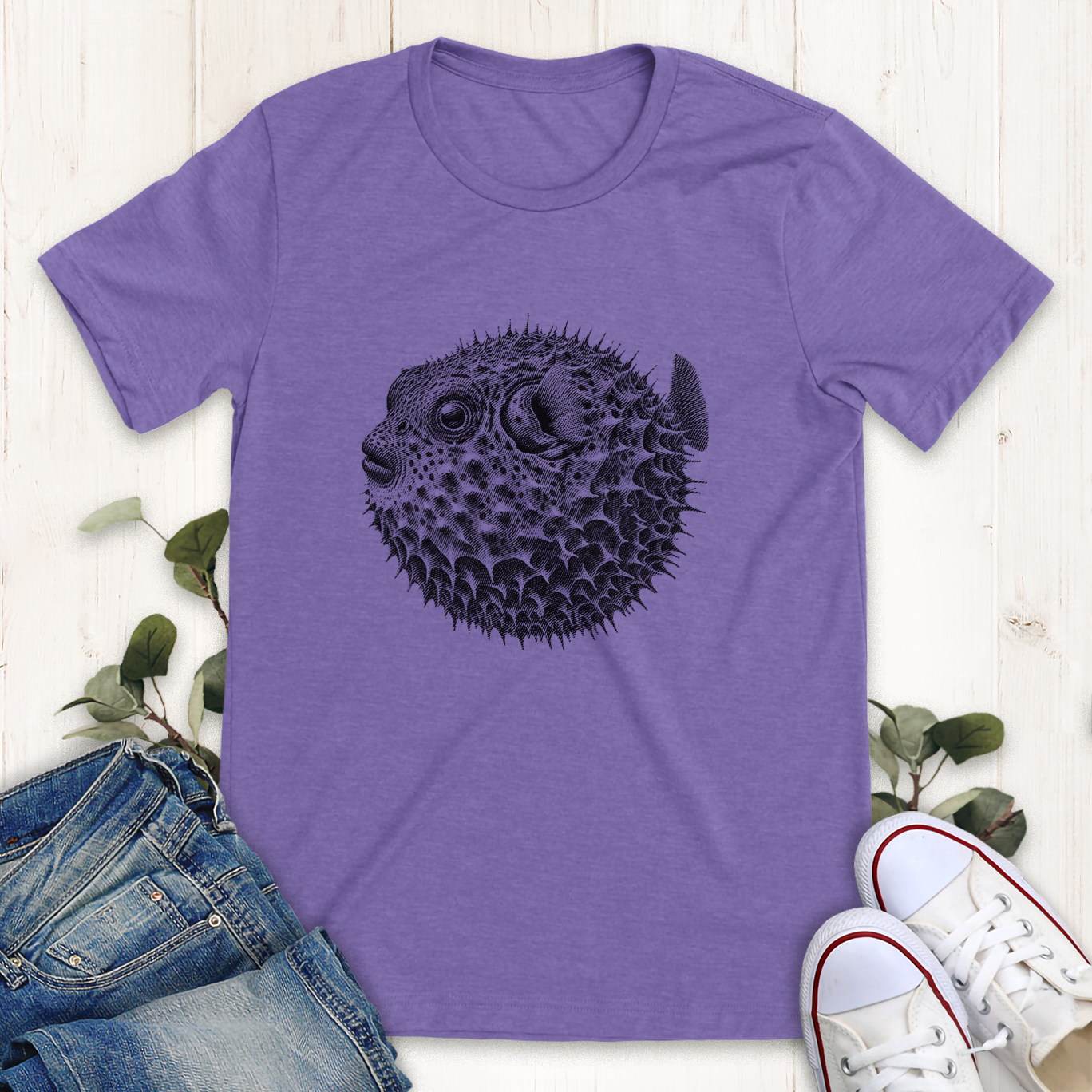 Heather purple Puffer fish graphic t-shirt by Thistle and Brass