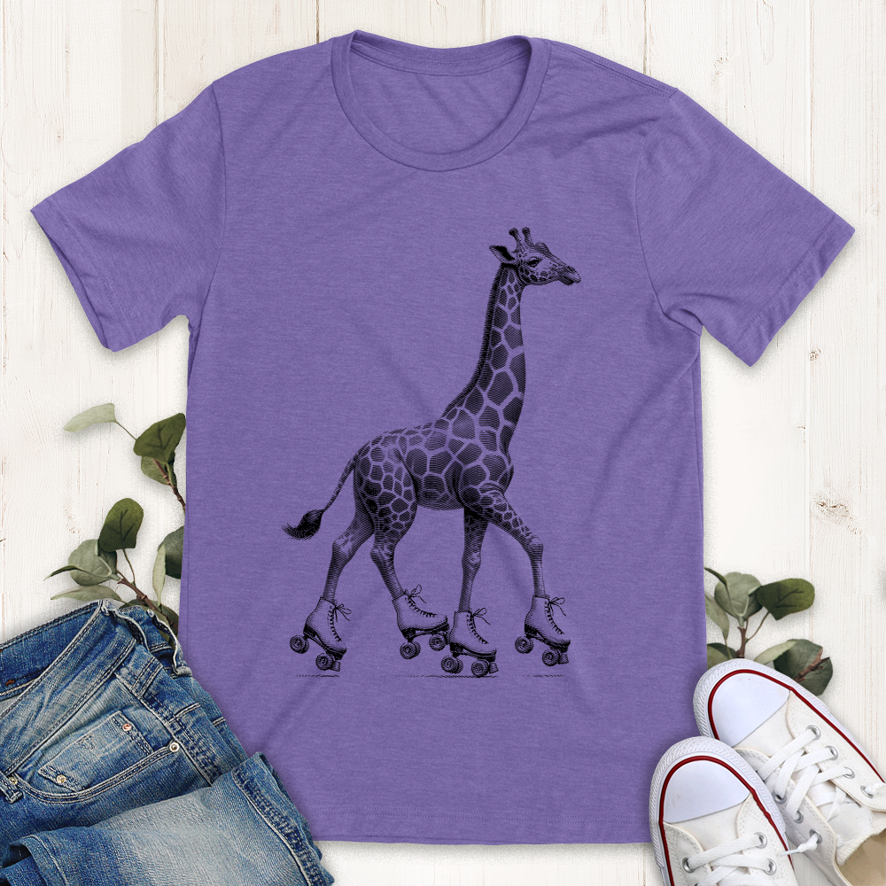 Heather team purple roller skating giraffe graphic t-shirt by Thistle and Brass