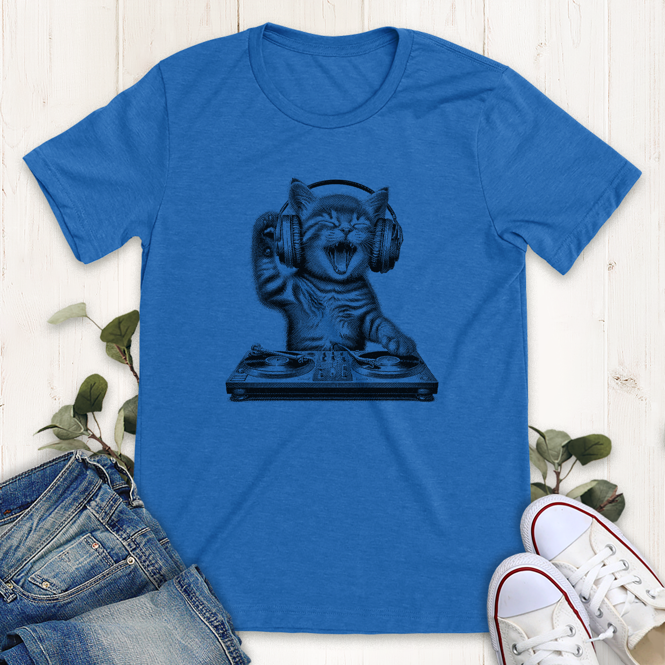 Heather true royal blue DJ cat graphic t-shirt by Thistle and Brass