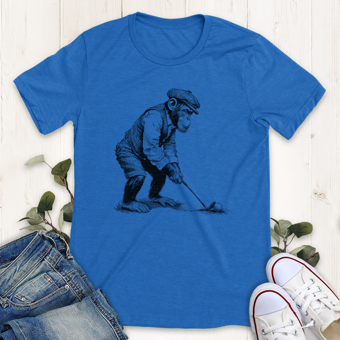 Heather true royal blue Golfing Chimp graphic t-shirt by Thistle and Brass