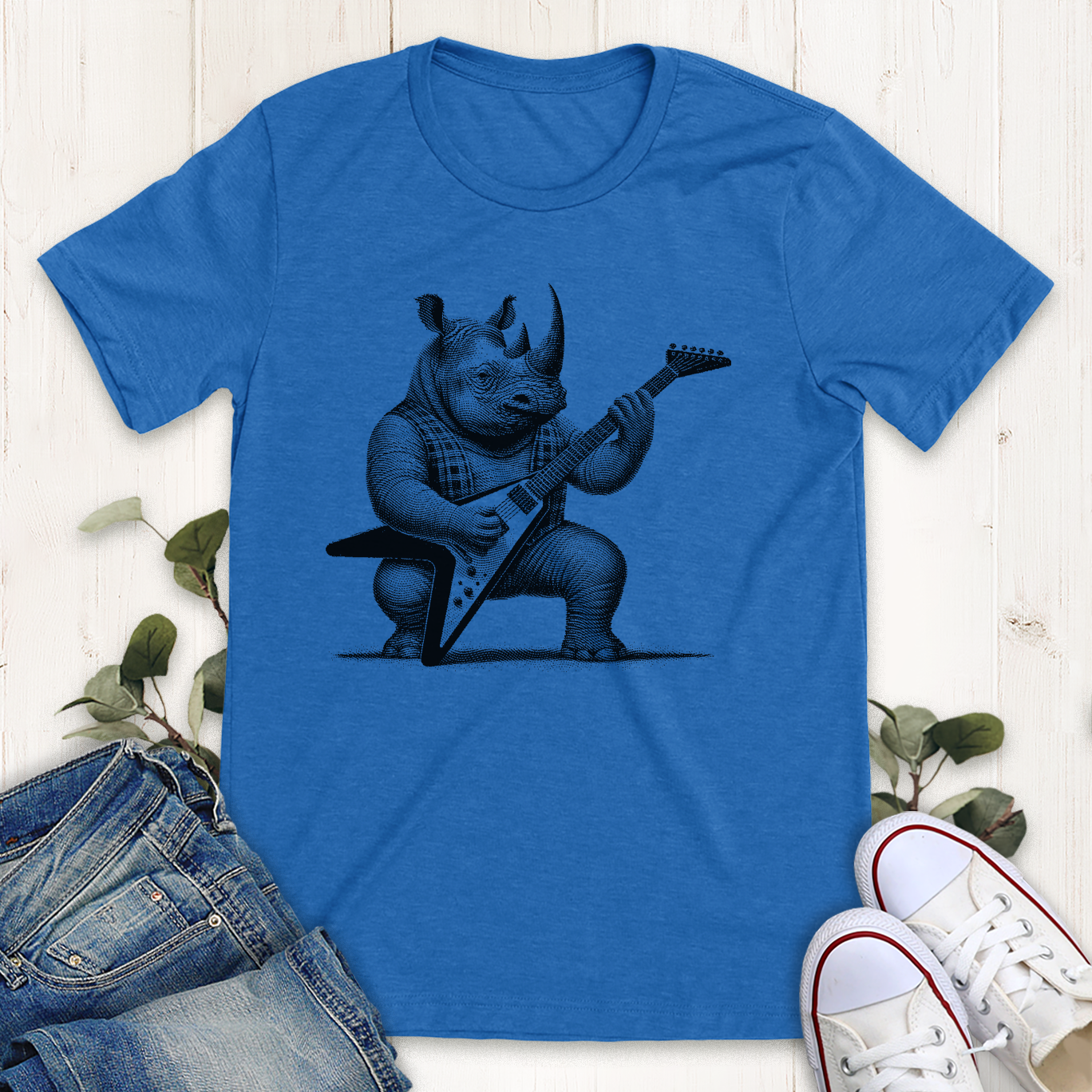 Heather Royal Blue heavy metal guitar playing rhino graphic t-shirt by Thistle and Brass