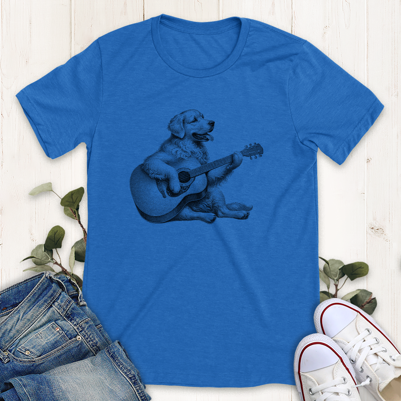 Heather royal blue Retriever dog guitar graphic t-shirt by Thistle and Brass