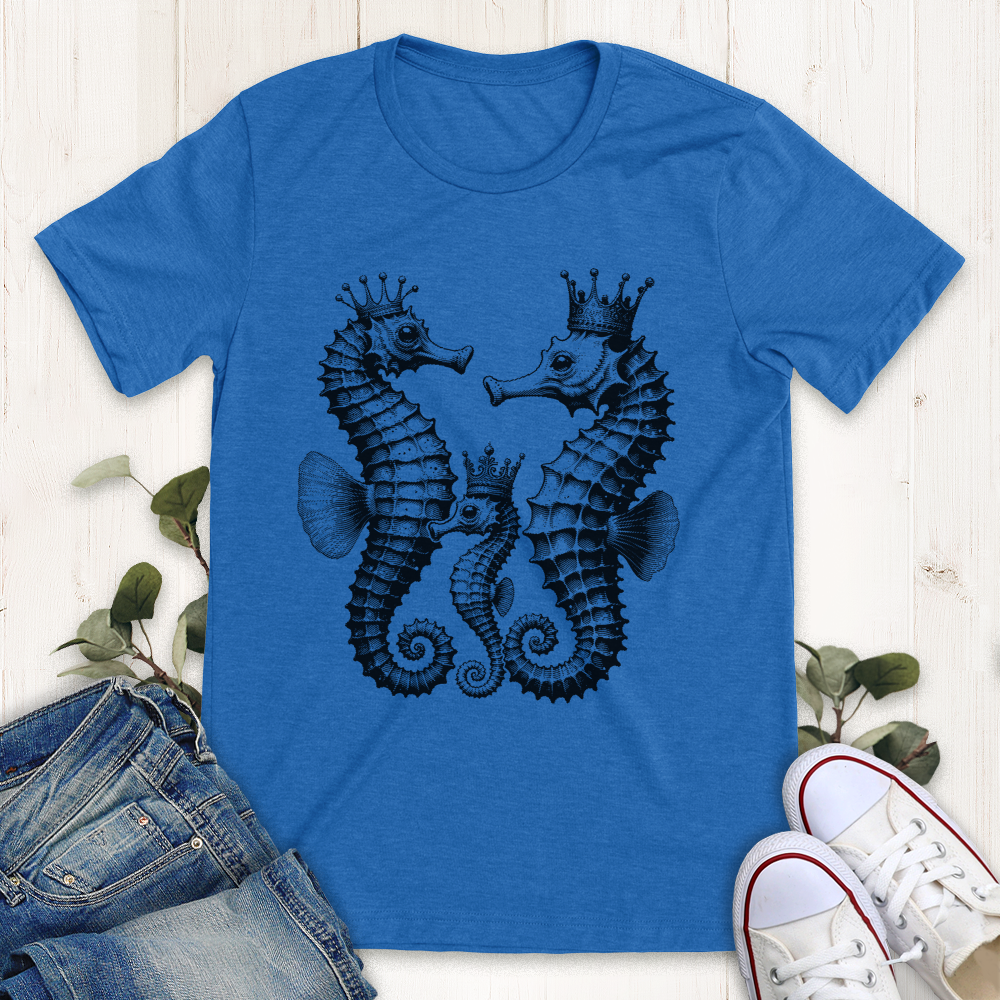 Heather true royal blue Royal Seahorses graphic t-shirt from Thistle and Brass