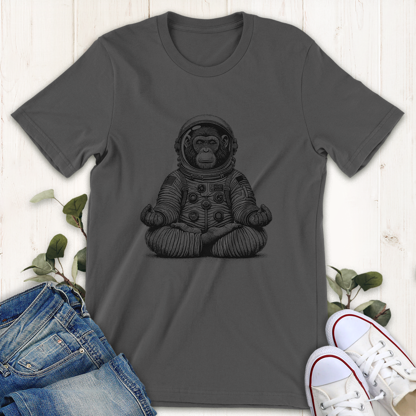 Asphalt Astronaut Chimp doing yoga graphic t-shirt by Thistle and Brass