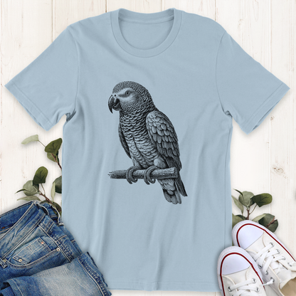 Baby blue African grey parrot graphic t-shirt by Thistle and Brass