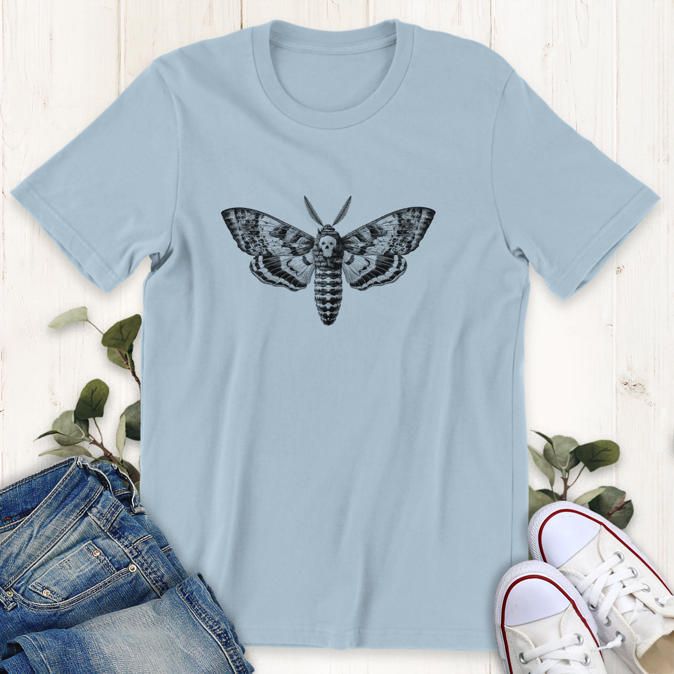 Baby blue Death head moth graphic t-shirt by Thistle & Brass