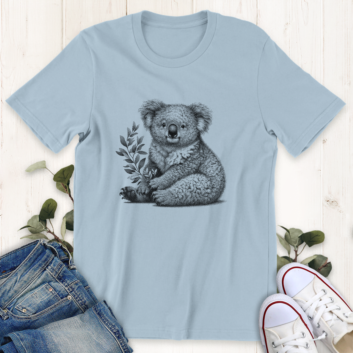 Baby blue Koala with a branch graphic t-shirt by Thistle & Brass