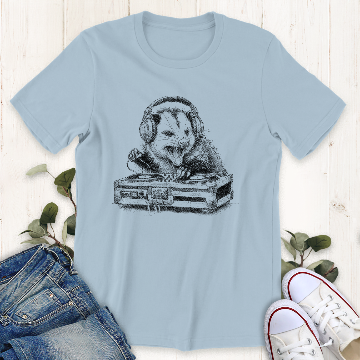 Baby blue opossum DJ graphic t-shirt by Thistle and Brass