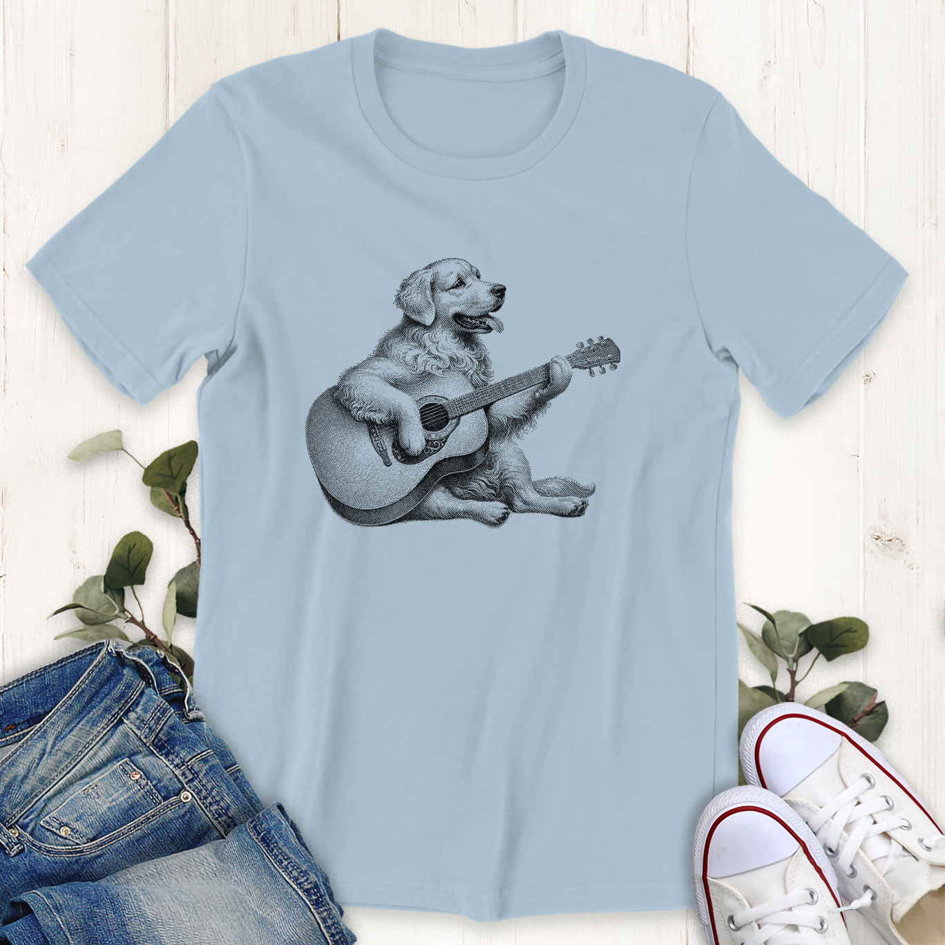 Baby blue Retriever dog guitar graphic t-shirt by Thistle and Brass