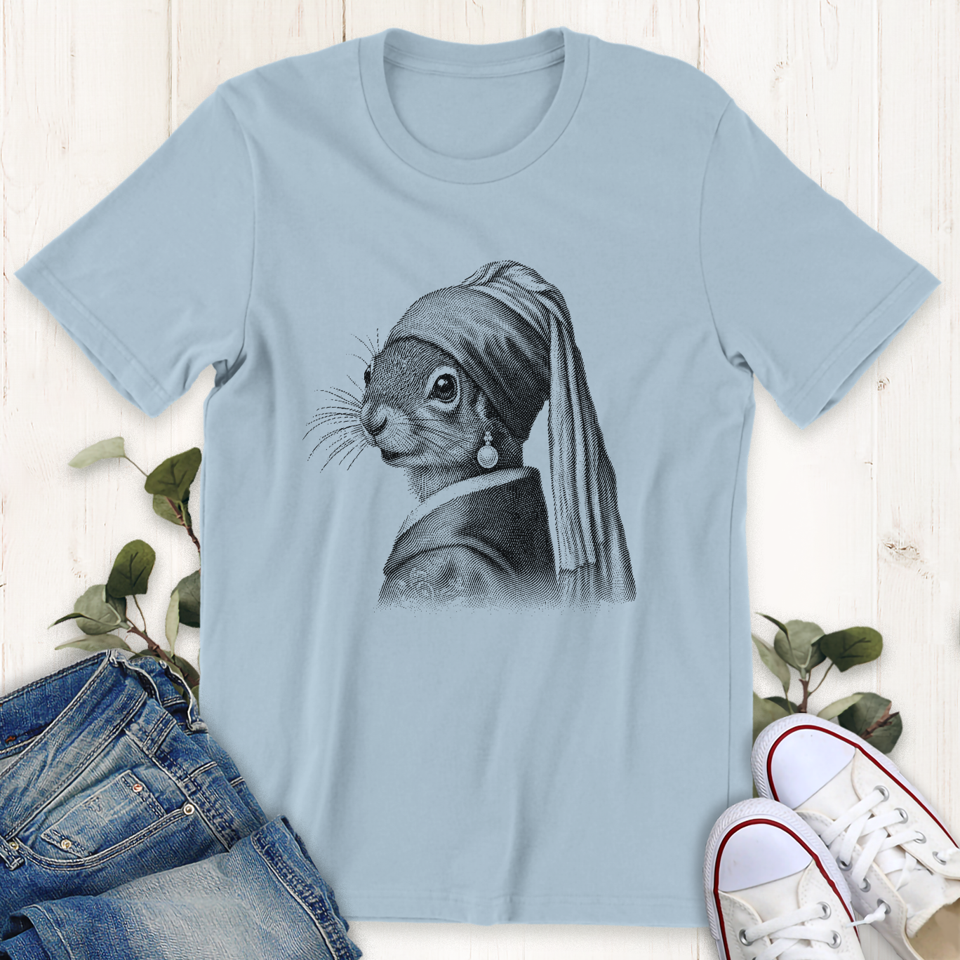 Baby blue Squirrel pearl earring graphic t-shirt by Thistle and Brass