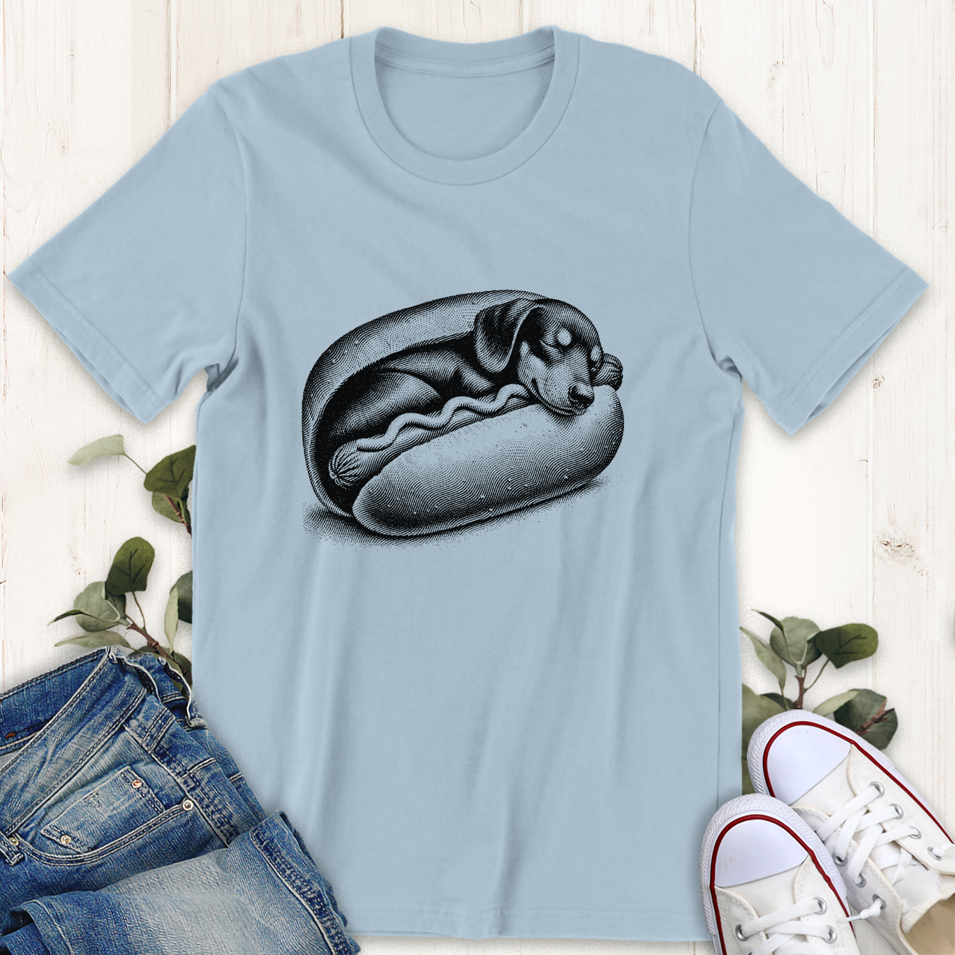 Baby blue weiner dog graphic t-shirt by Thistle and Brass