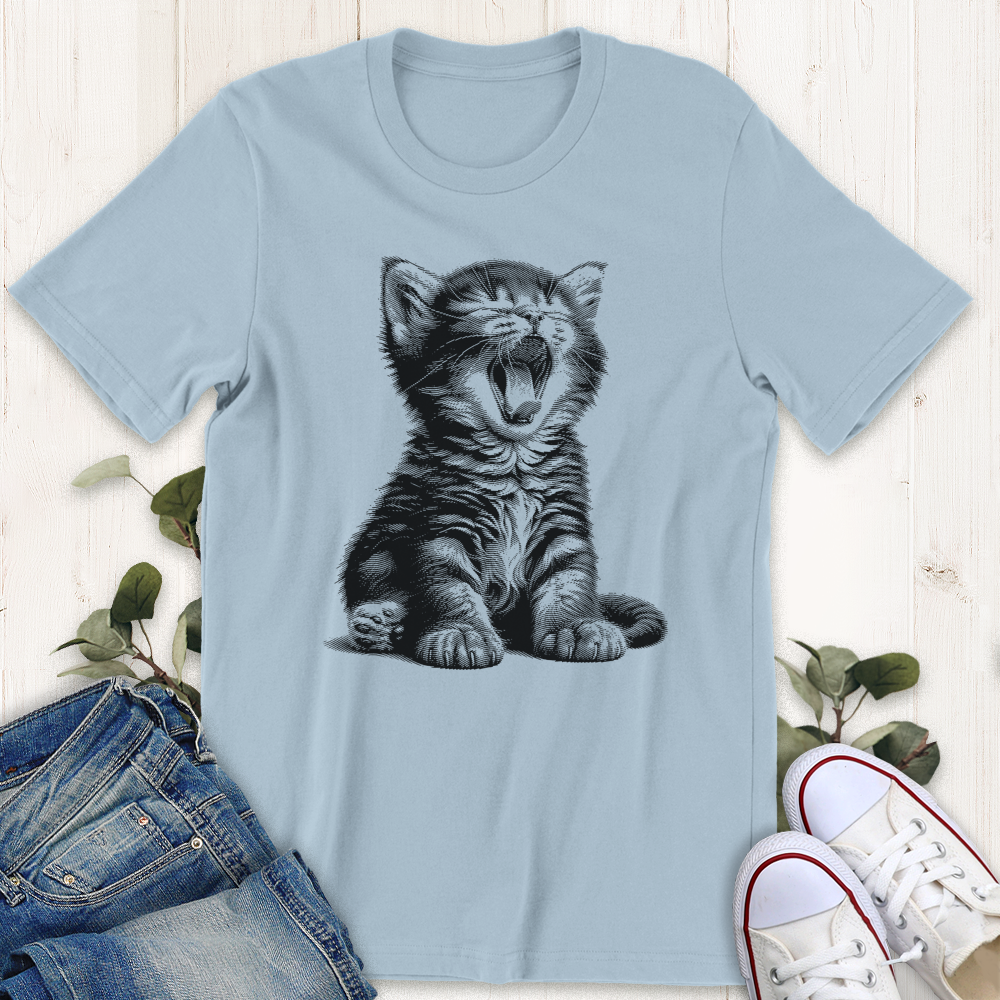 Baby blue Yawning Kitty graphic t-shirt from Thistle and Brass