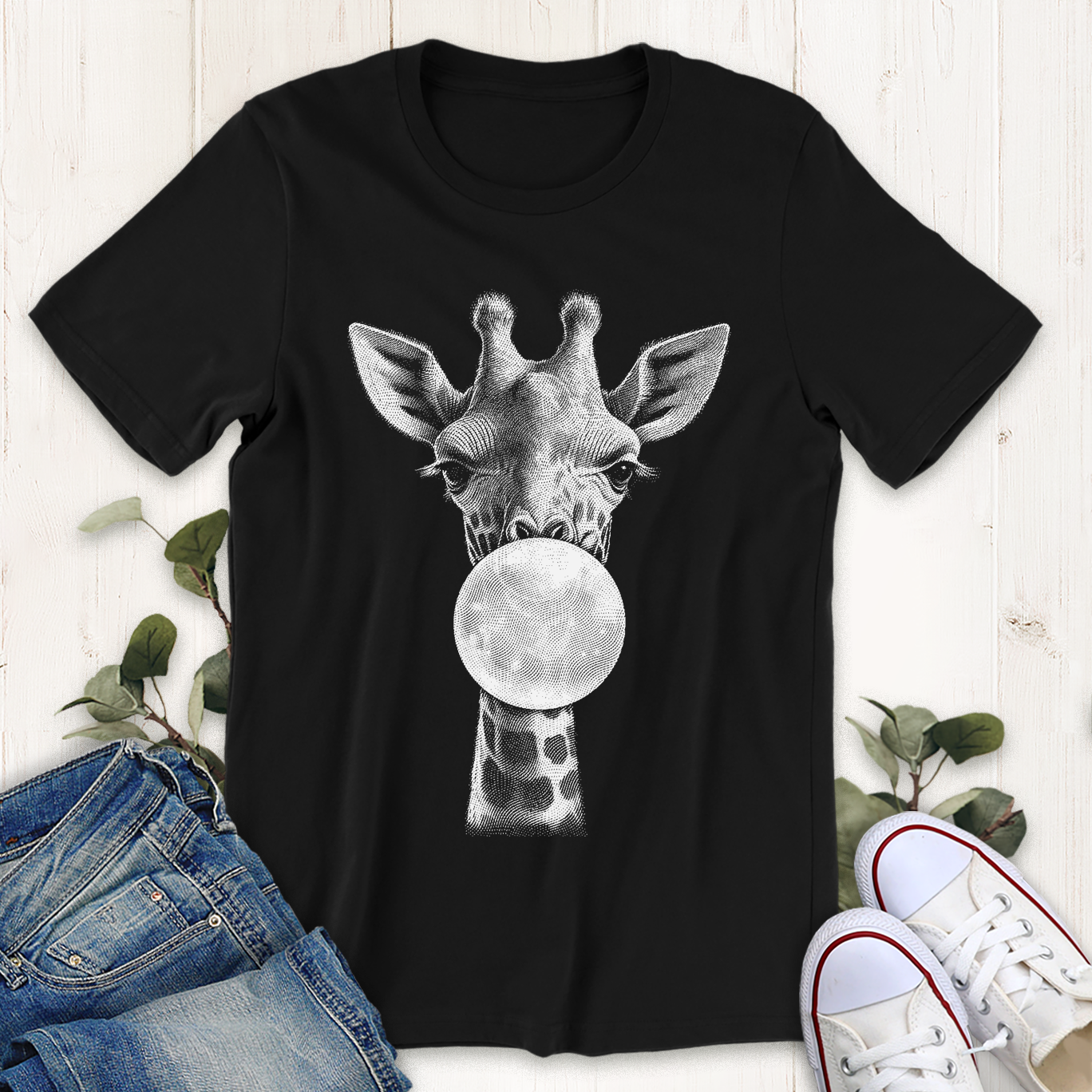 Black giraffe bubblegum graphic t-shirt by Thistle and Brass