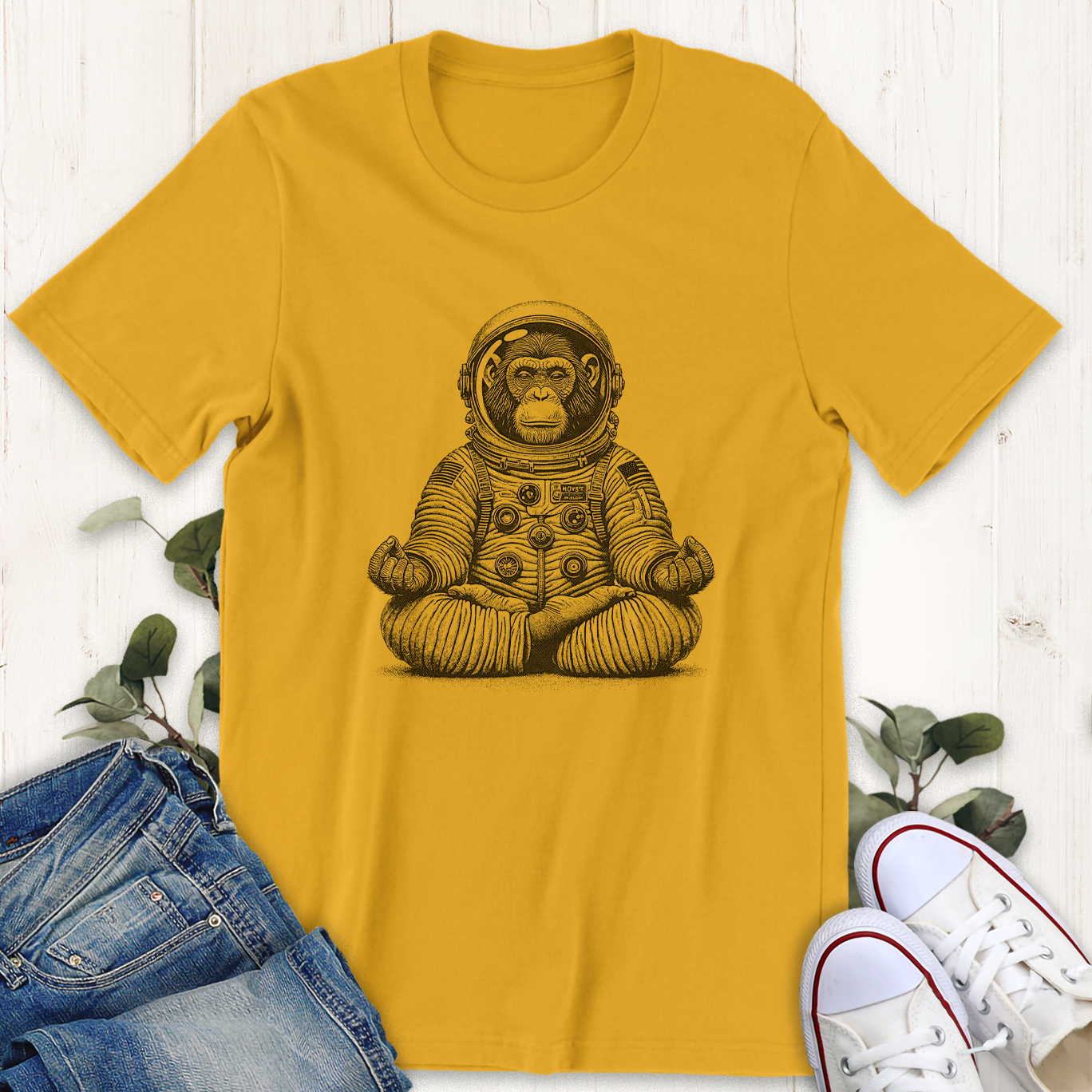 Gold Astronaut Chimp doing yoga graphic t-shirt by Thistle and Brass